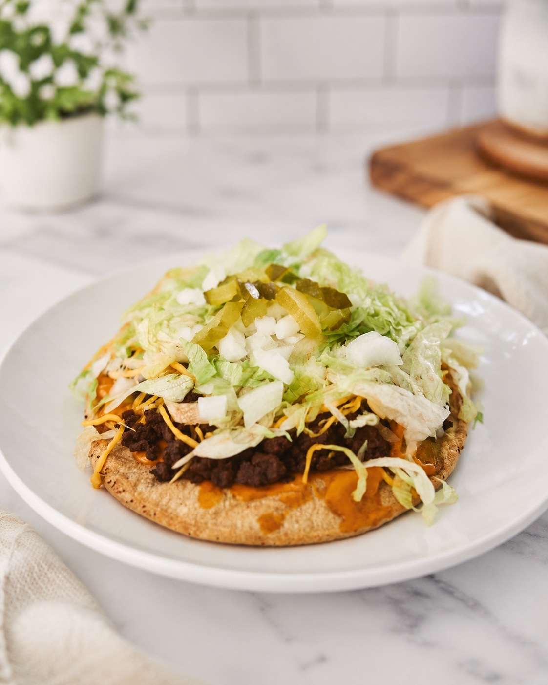 High-protein comfort food on a white plate