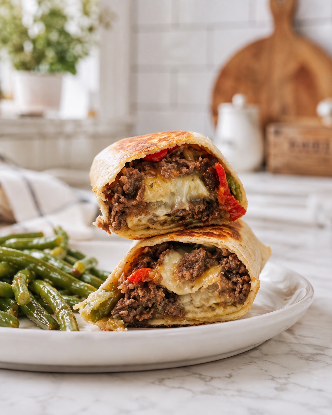 High-protein stuffed sandwich with green beans