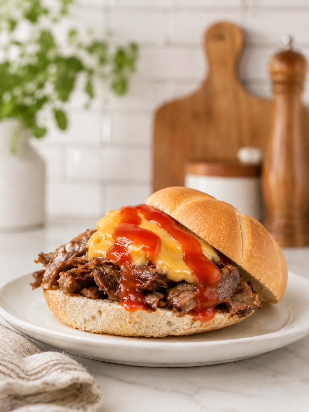 Barbecue beef sandwich on a white plate