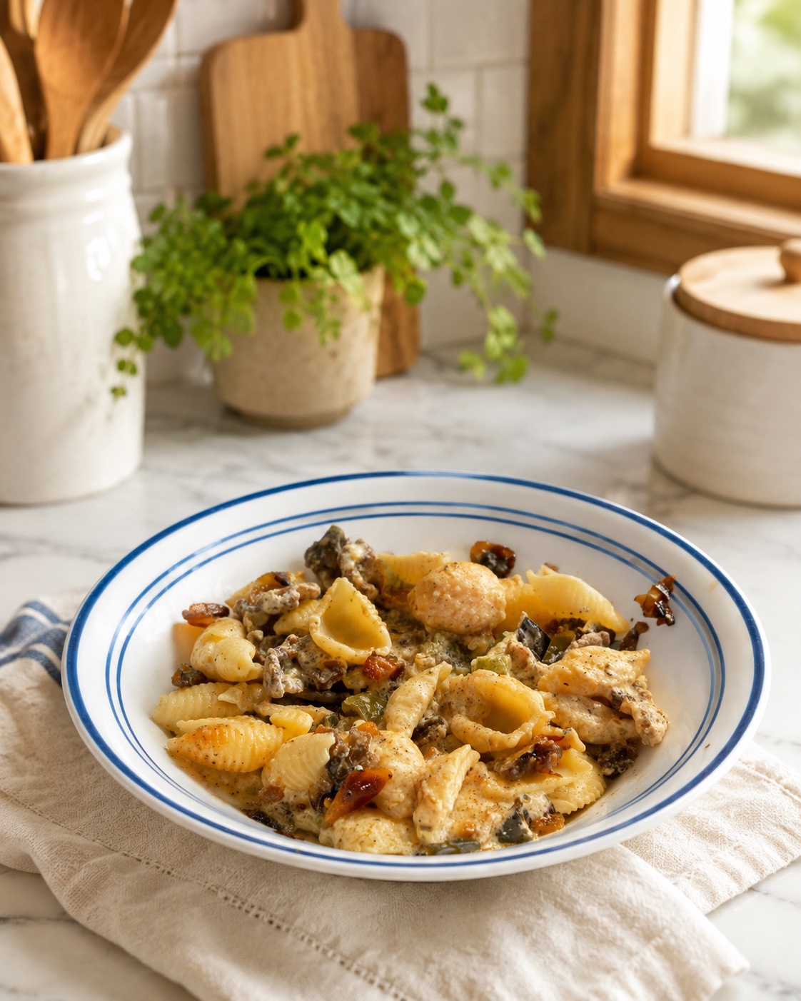 Creamy pasta shells in a farmhouse kitchen