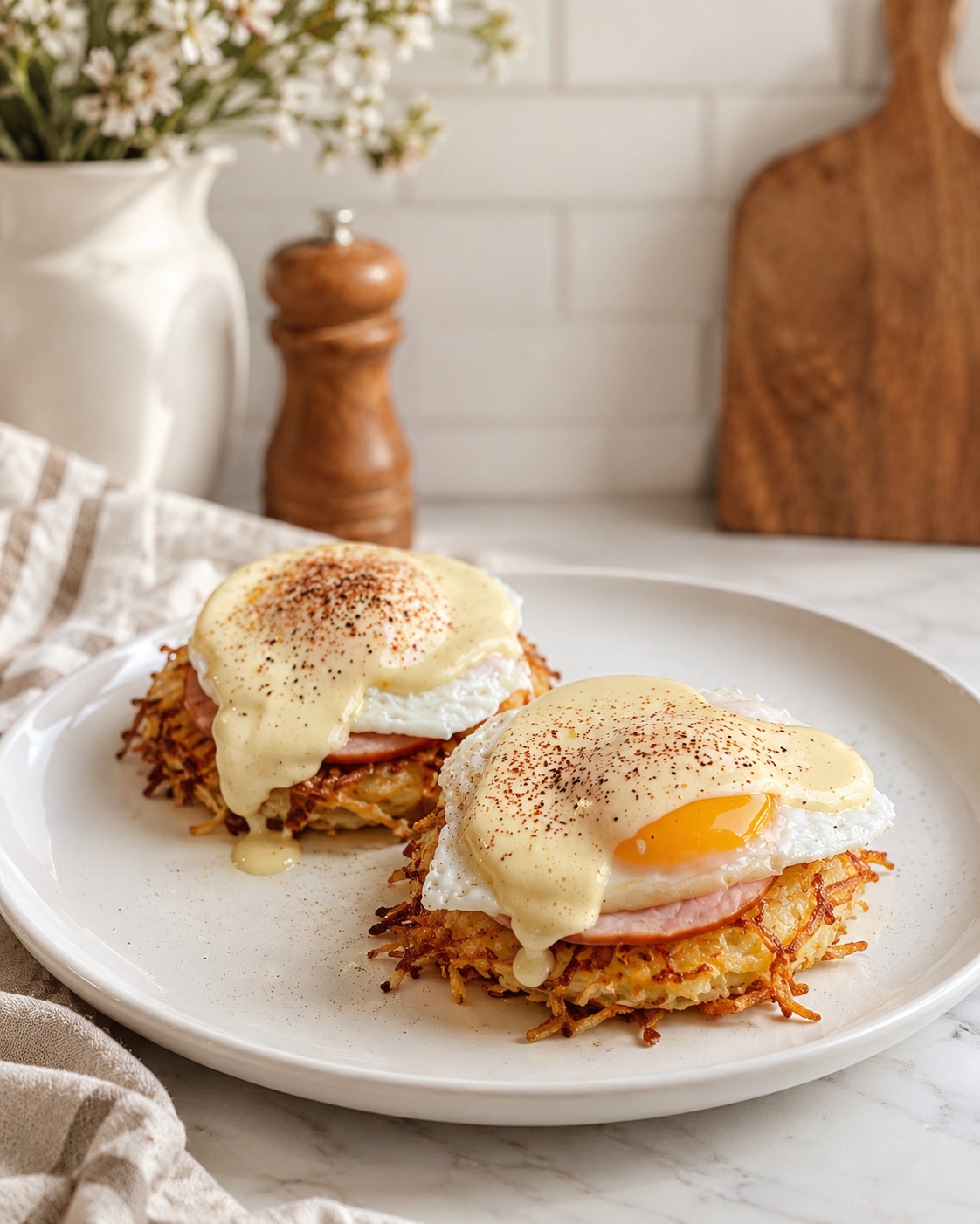 Hashbrown eggs Benedict on a white plate