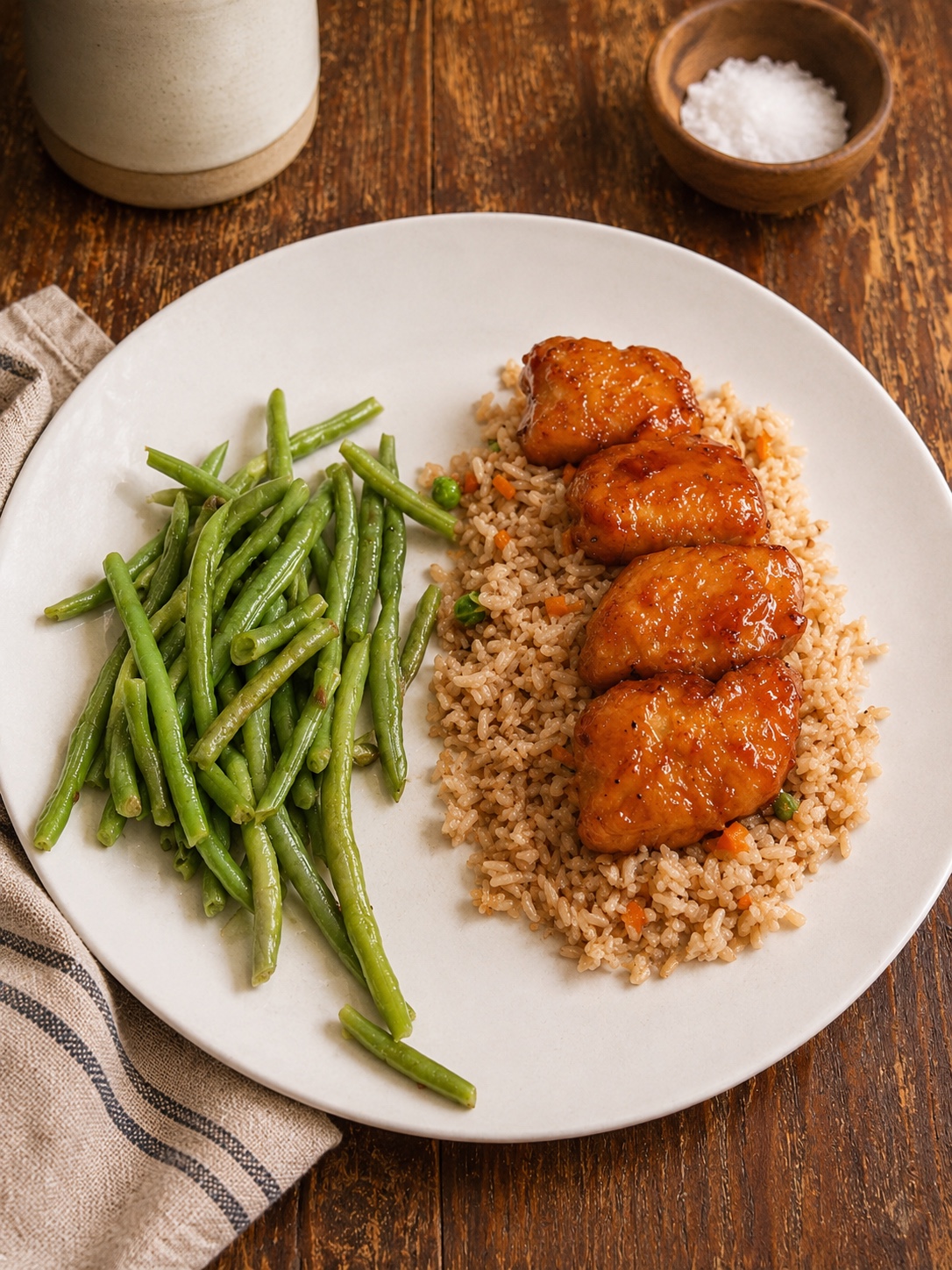 Chicken bites with rice and green beans