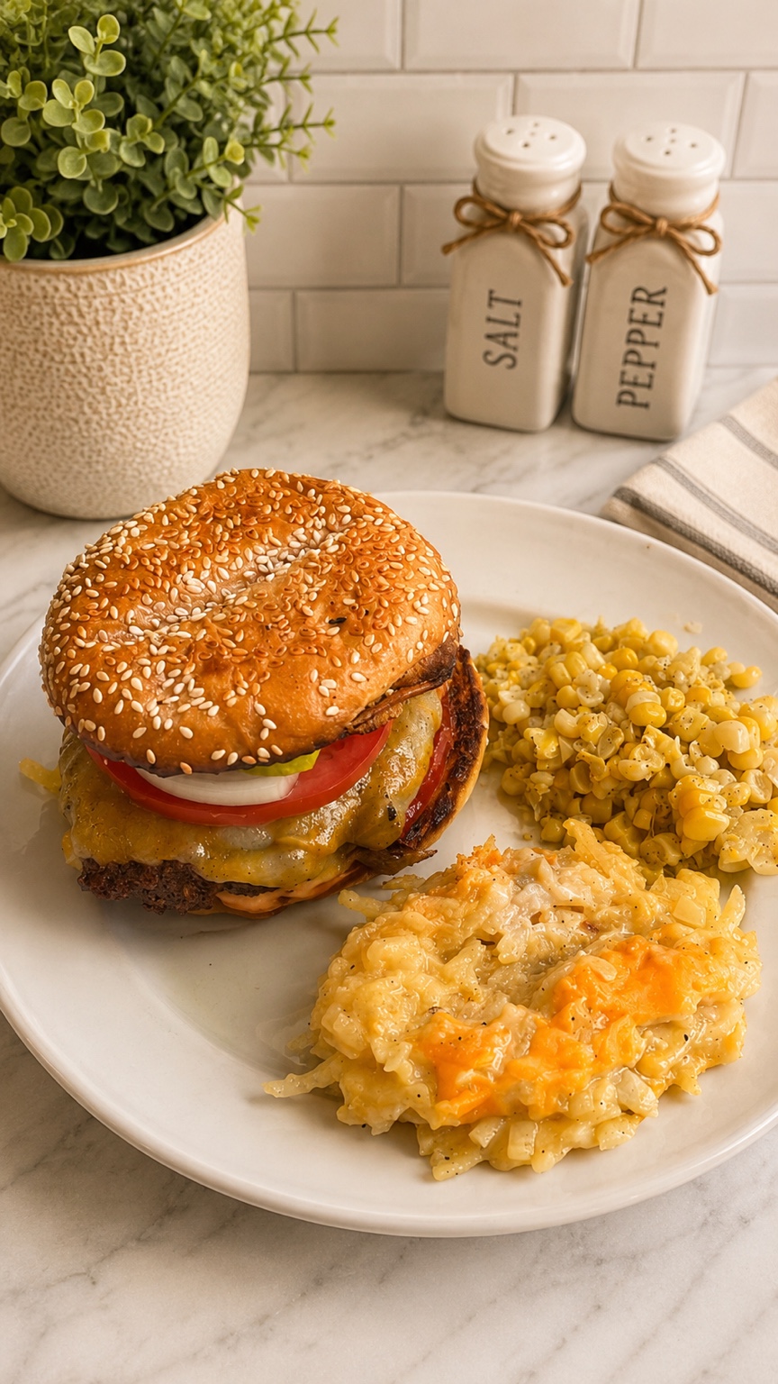 Burger with two family-style side dishes
