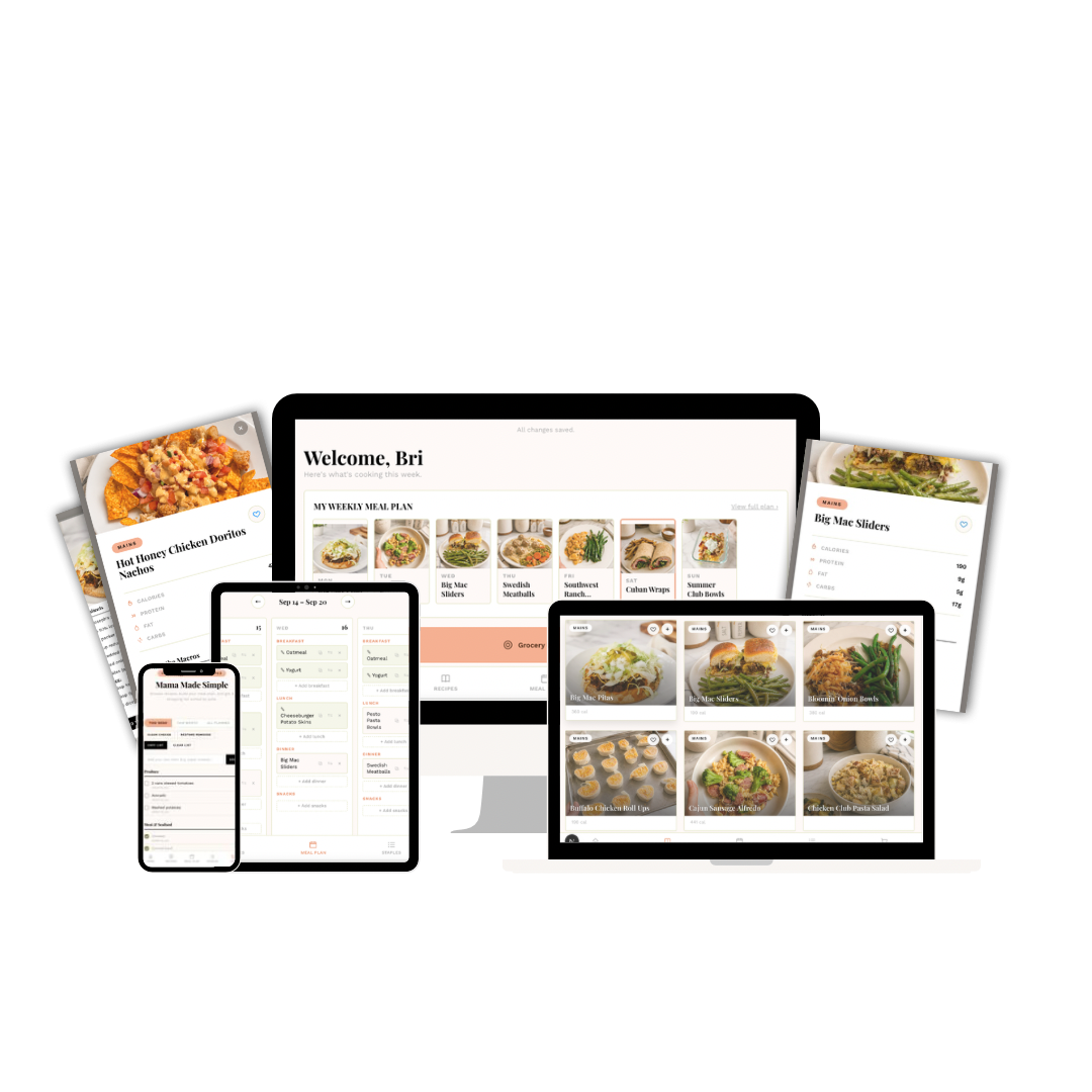 Mama Made Simple recipe vault and meal planner shown across desktop, tablet, laptop, and phone screens